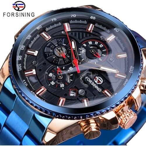 Forsining Three Dial Calendar Stainless Steel Mens Automatic Mechanical Sport Wrist Watches Top Brand Luxury Sport Male Clock