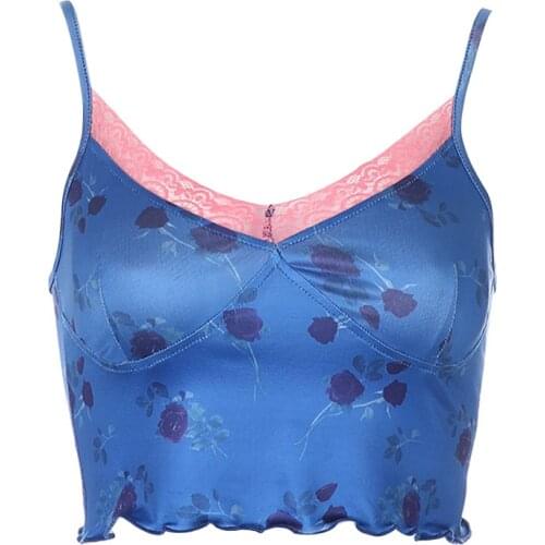 Summer Girls Sexy V-neck Camisole Ladies Sweet Floral Printing Lace Splicing Stringy Selvedge Sleeveless Top for Dating Shopping