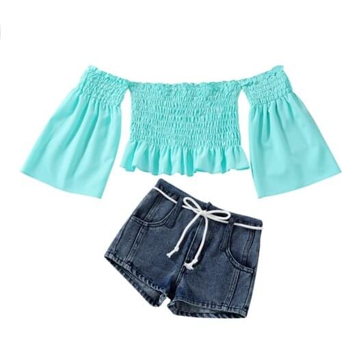 2021 1-6Y Fashion Kids Baby Girl Clothes Set Blue Solid Off Shoulder Flare Long Sleeve Pleated Crop Top+Denim Shorts Summer Fall