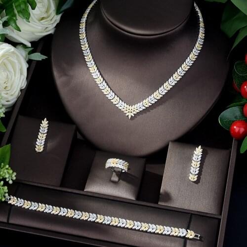 HIBRIDE Trend New Jewelry Set Shiny Cubic Zirconia Wedding Bridal Jewelry 4pcs Set Necklace Bracelet Rings Adjustable N-259