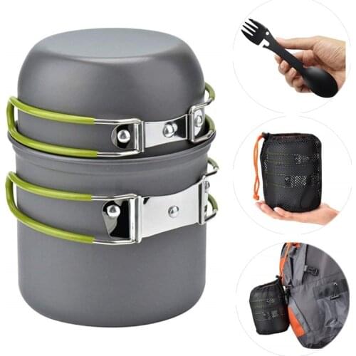 2Pcs/pack Camping Cookware Portable Outdoor Cooker Pots and Pans Set for Backpacking Camping Picnic Spoon Fork Utensil Tableware