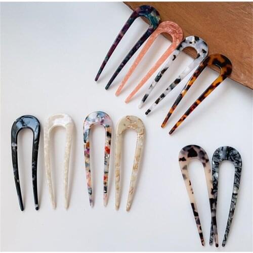 New 300pcs/lot U-Shaped Hairpin with 2 Prongs Hair Fork Pin Sticks French Style U Shape celluloid acetate updo chignon Clips