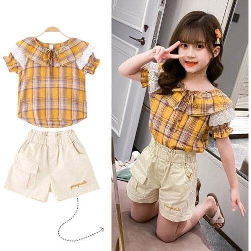 5-12 Years Children Girls Clothes Set Yellow Plaid T-Shirt + Short Pants Summer Fashion Outfit Kids Girls Clothes Suit