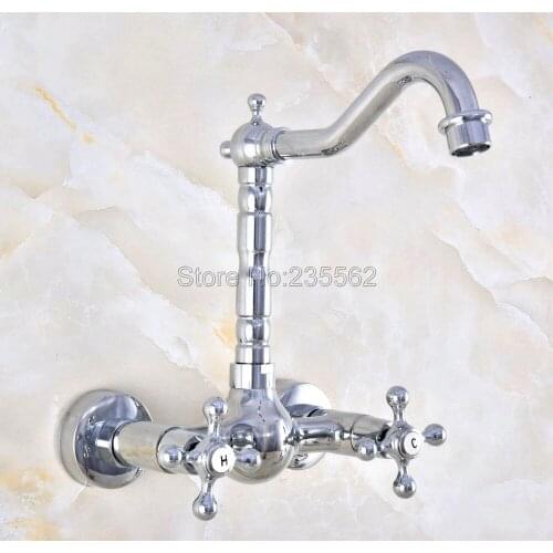 Polished Chrome Brass Wall Mounted Double Cross Handles Bathroom Kitchen Sink Faucet Mixer Tap Swivel Spout Lnf576