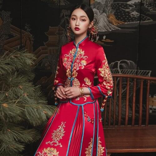 Retro Exquisite Flower Embroidery Cheongsam Chinese Couple Wedding Suit Elegant Bride Marry Dress китайская одежда