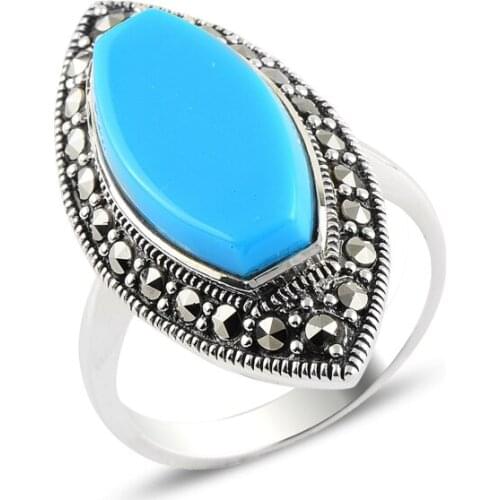 Silver 925 Sterling Turquoise & Marcasite Ring
