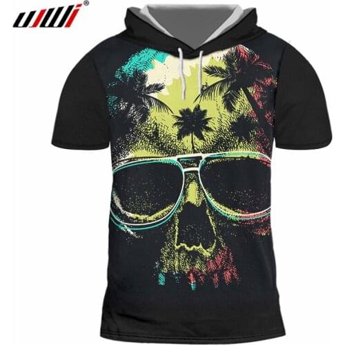 UJWI Man Harajuku Loose 3D Hooded Tshirt Black Glasses Skull Mens Favorite T-shirt Suppliers Best Selling Tee Shirt 5XL
