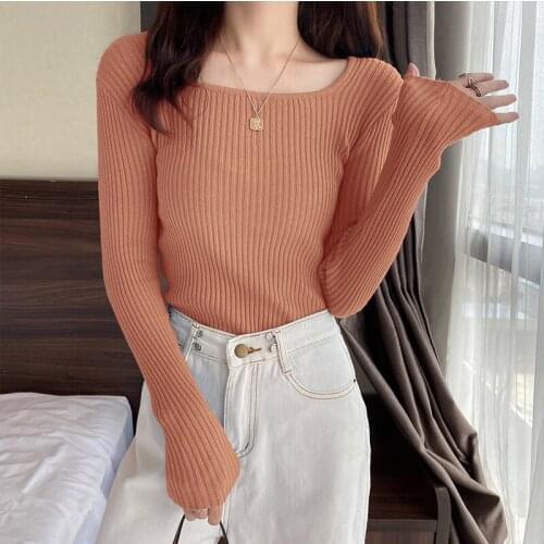 Cropped Knitwear Pullovers Fall 2021 Woman Sweaters Square Neck Long Sleeve Sweet Style Warm Base Tops All-Match For Ladies