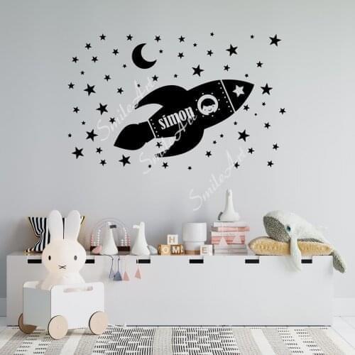 Cartoon Custom name Rocket spaceship Self Adhesive Vinyl Wallpaper For Kids Rooms Decoration Vinyl Mural Decal