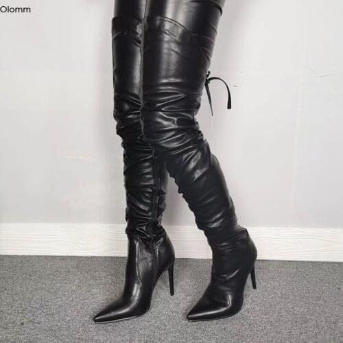 Olomm Handmade Women Thigh High Boots Stiletto Heels Boots Pointed Toe Super Sexy Black Night Club Shoes Women Plus US Size 5-15