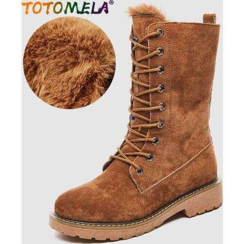 TOTOMELA 2020 New cow suede leather boots women lace up thick fur warm winter boots retro ladies mid calf snow boots female