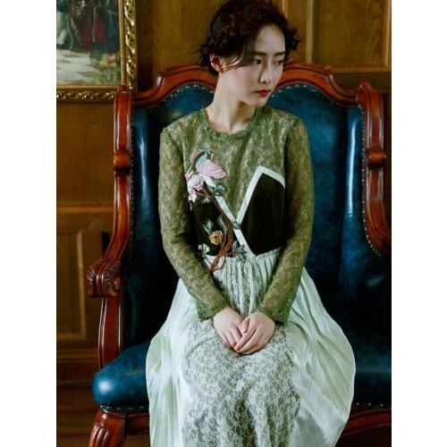 2020Autumn Dress Women Vintage Elegant Slim Embroidery Pleated Dress Retro Casual Velvet Lace Patchwork Long Dress korean dress