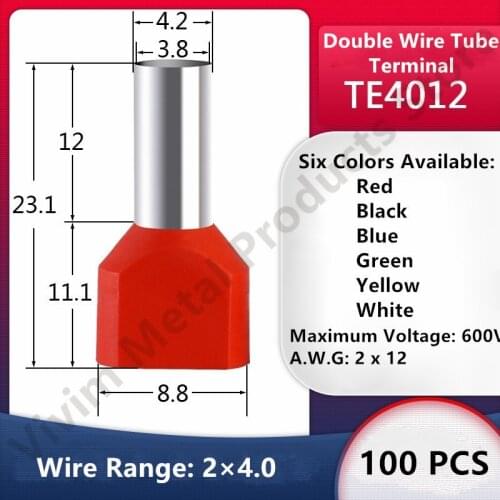 100PCS TE4012 Double Pipe 0.5~6.0² Cold Pressed End Double Wire Tube Shaped Insulated Tubular Terminal