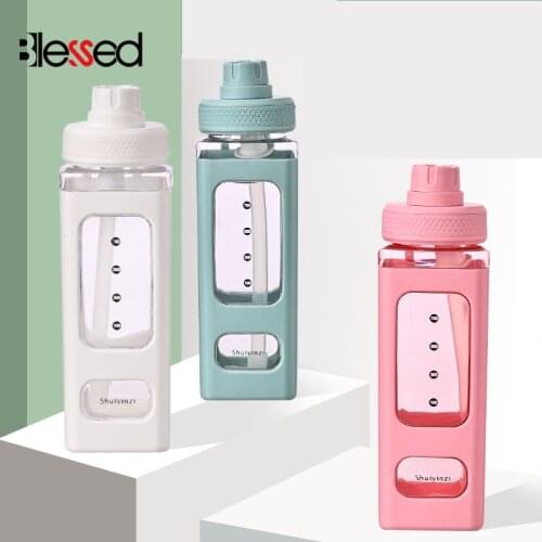 700/900ml BPA Free Rectangular Water Bottle With Straw Sport Bicycle Plastic Portable Bottle For Girl Cute Juice Tea Water Cups