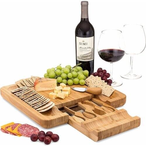 Bamboo Cheese Board with Cutlery Wood Charcuterie Platter Serving Meat Board with Slide-Out Drawer