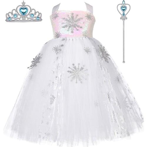Girls Elsa Dress Tulle Princess Tutu Dress Snowflake Snow Queen Costumes for Kids Halloween Carnival Purim Party Cosplay Dresses