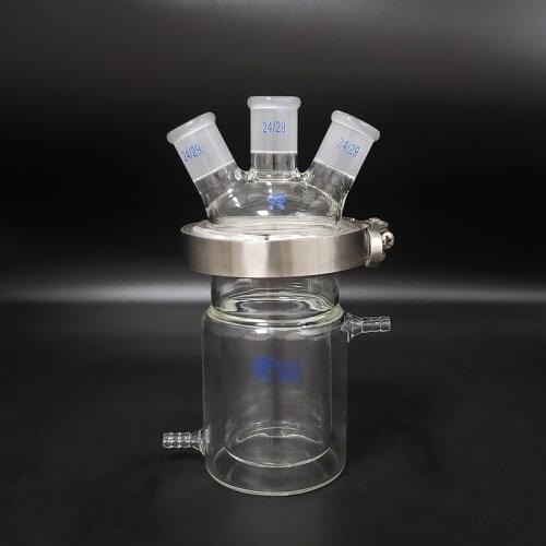Double-layer cylindrical flat bottom open reactor bottle 250ml,100mm flange,With iron clip,Cover with three oblique necks 24/29