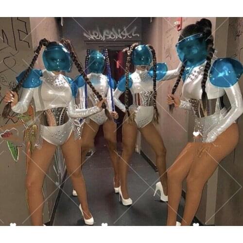 Night club white armor performance costume bodysuit nightclub ds singer Future technology sense silver mirror bar gogo costume