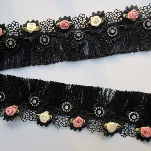 100cm Black Fringe Tassel Lace Trim Diamond Rose Flower 6.8cm Wide Embroidered Ribbon Fabric Sewing Craft Dress DIY Accessories