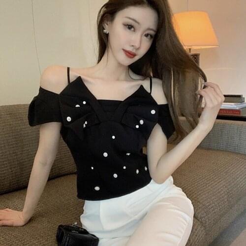 Summer Sexy Party Blouses Slash Neck Strapless Bowknot Flash Diamond Black Sling Tops Short Shirt Korean Women-clothing