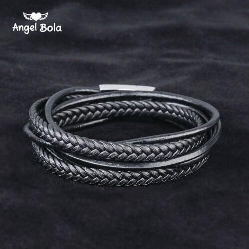Fashion Black Genuine Leather Buddha Bracelet Black Stainless Steel Clasp Multi Layer Braid Rope Chain Wristband Vintage Gifts