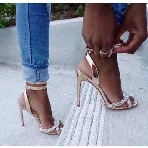 Moraima Snc Sexy Bling Bling Crystal Embellished High Heel Sandal Summer Open Toe Thin Heels Woman Shoes Ankle Strap Party Heels