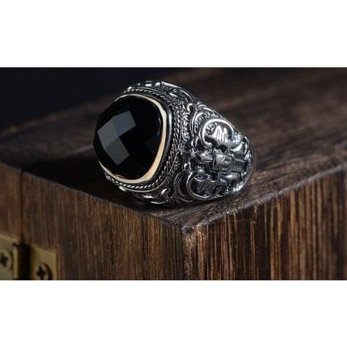 Men natural stone rings S925 silver inlay to restore ancient ways do old process paragraphs male square rings classic fashion