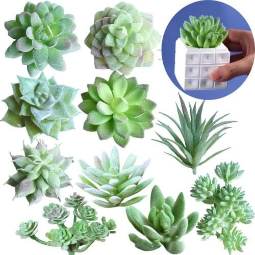 11 PCS Set Mix Style Green Artificial Succulents Plants Concrete Pot for Home Garden Fake Plants Desktop Mini Small Bonsai