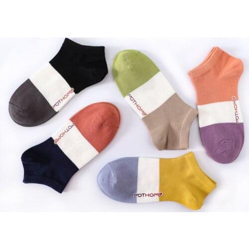 Spring And Summer Women Fashion Cotton Boat Socks Color Matching Hot Stamping Letters Shallow Mouth Short 5 Pairs/Lot Female