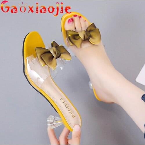 Transparent Slippers Women 2020 Summer Fashion Butterfly-knot Slides Round Toe Thin Heels 6CM Comfortable Non-slip Sandals Women