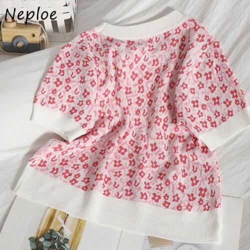 Neploe O Neck Pullover Short Sleeve Knit T Shirt Women Fashion Print Multicolor Casual Tees Summer 2021 New Fashion Lady Top