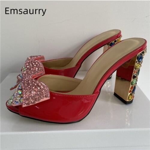 Luxury Rhinestone Flower Sandals Women Diamond High Heels Sexy Peep Toe Slingbacks Butterfly-Knot Runway Mules Summer