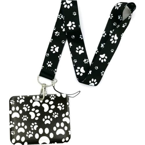 Black Dogs Paws Lanyard Credit Card ID Holder Bag Student Women Travel Card Cover Badge Car Keychain Decorations