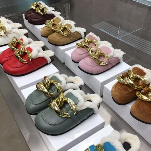 Winter Fur Slippers Round Toe Woman Slippers Chain Genuine Leather Hot Women Shoes New Shoes Woman Waterproof Platform Slippers