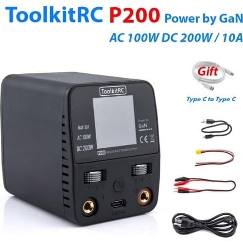 ToolkitRC P200 GaN Power Supply AC100W DC 200W Max 10A Output With TypeC 65W Output fast charging for iphone Sumsung