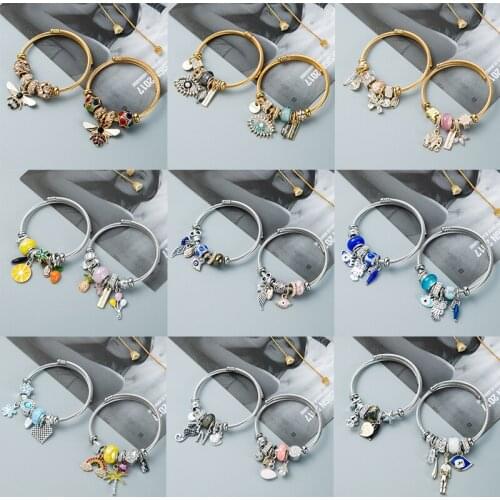 Women Girl Stainless Steel Evil Eye Crystal Beads Mixed Bracelet Adjustable Rhinestone Letter Tag Open Cuff Bangle DIY Jewelry