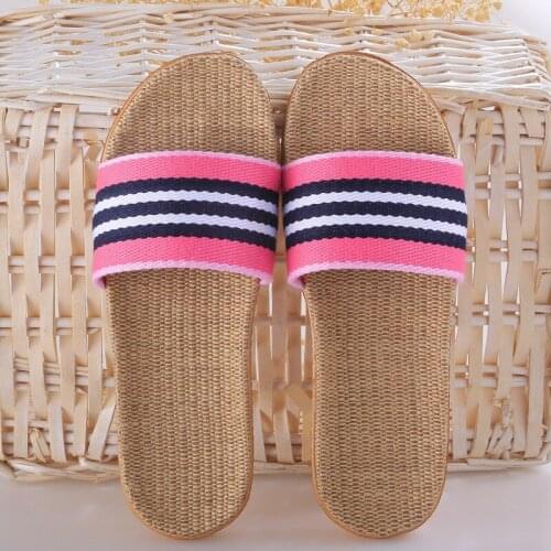 Womens Summer Stripes Linen Slippers Ladies/Mens Bathroom Home Shoes Couple Flax Slides Female/Male Flip Flops Indoor Sandals