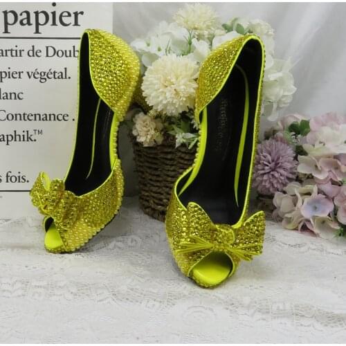 BaoYaFang Lemon Yellow Crystal Pearl women wedding shoes woman High heel pumps women Bowtie Red sole fashion shoe Royal Blue