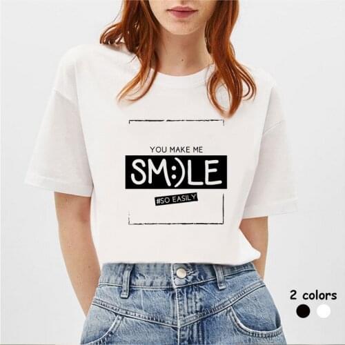 BLINGPAW Minimalist Women Graphics T-shirt You Make Me Smile Short-sleeved Tops Tees O-Neck Casual Girls Large Size 100% Cotton
