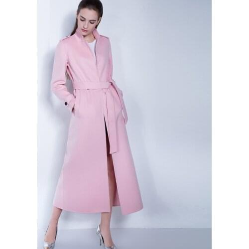 Autumn Winter New Elegant OL Style Classic Pink Woolen Coat Women Stand Collar Basic Long Slim Belted Cashmere Coat Y779