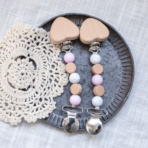 1PC Beech Candy Pacifier Chain Dummy Clip Chain Holder For Nipples Metal Clips Baby Beech Wooden Teether Silicone Beads Toys