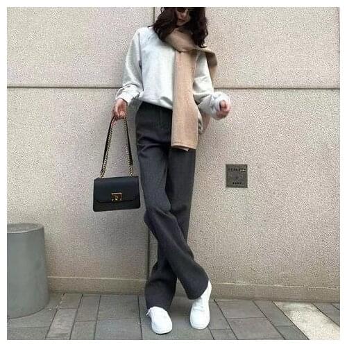 2021 Woolen High Waist Straight Tube Wide Leg Pants Womens Comfortable Autumn And Winter Loose Casual Pants For Winter