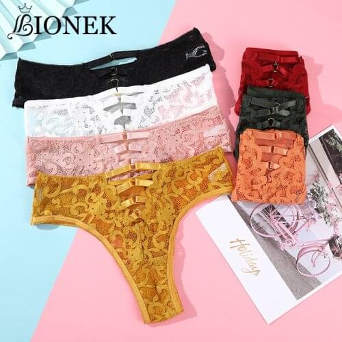 BIONEK Lace Woman Underwear Sexy Thongs Transparent Female Lingerie Ladies Solid Color Underpants Middle Waist Panties