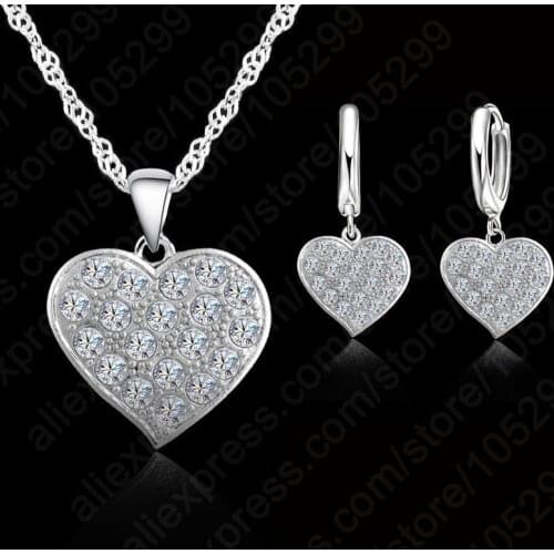 One Set Fast Shipping Womens 925 Sterling Silver Shine Cubic Zircon Heart Shape Chain Necklace Earrings Jewelry Sets Women Gift