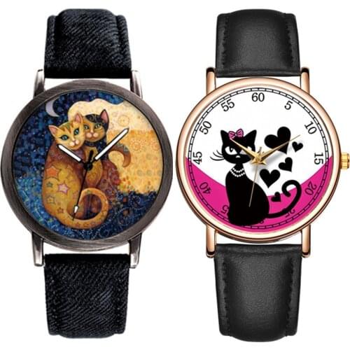 Creative Couple Watch Luxury Brand Quartz Wristwatches Cute Lover Cat Dial Women Watches Denim Band Girls Clock Relogio Feminino
