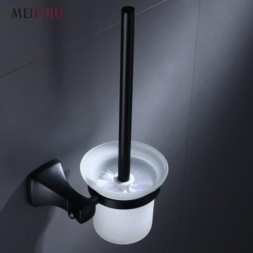 Black Toilet Brush Holders Aluminum Toilet Brush Holder Wall Mounted Set Hardware Bathroom Cleaning Tool Holder with Glass Cup