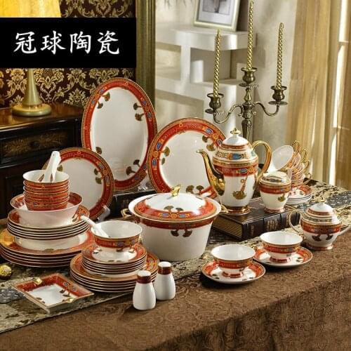 European style 58 head bone china tableware set bowl plate coffee set package mail high-end housewarming gift
