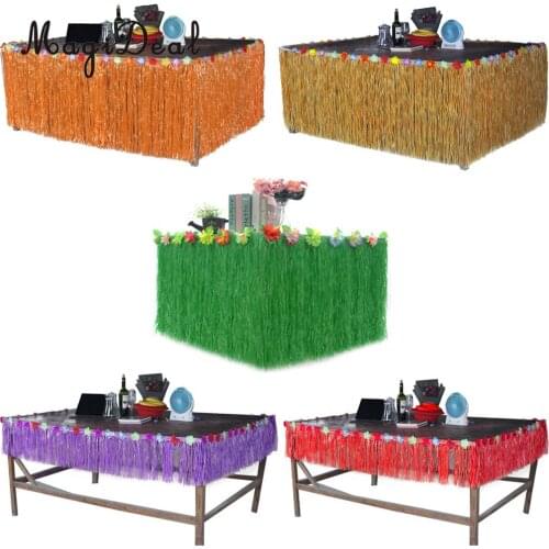 Rustic Artificial Grass Table Skirt Hibiscus Flower Tableware Hawaiian Tropical Luau Beach Party Wedding Decoration
