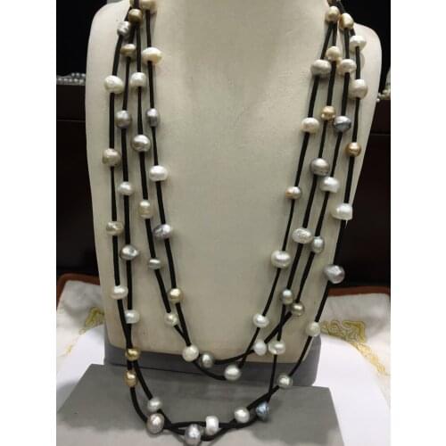 Leather pearl necklace 10-11MM Natural fresh water pearl necklace long necklace 4 layers magnet clasp fashion women jewelry