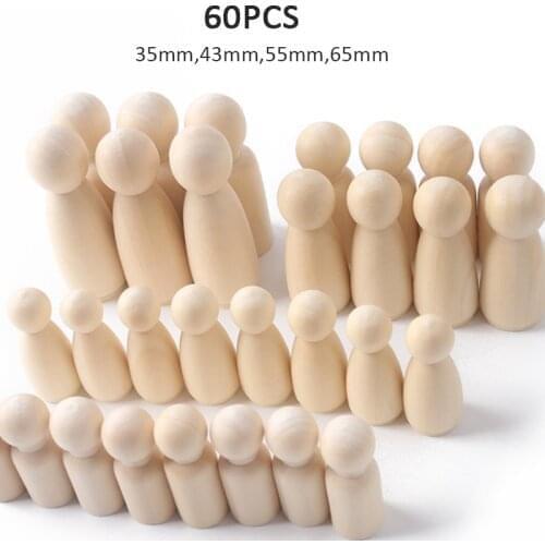 60PCS Painted Wooden Peg Doll Mini DIY Craft Handmade Dolls Blank Female Male Unpainted Figures for Children Kids Home Decor